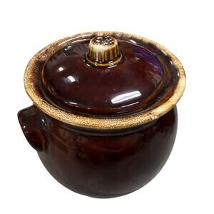 VTG Hull Pottery Drip Brown Bean Pot Lid Oven Proof Crock USA Glaze Cookie Jar